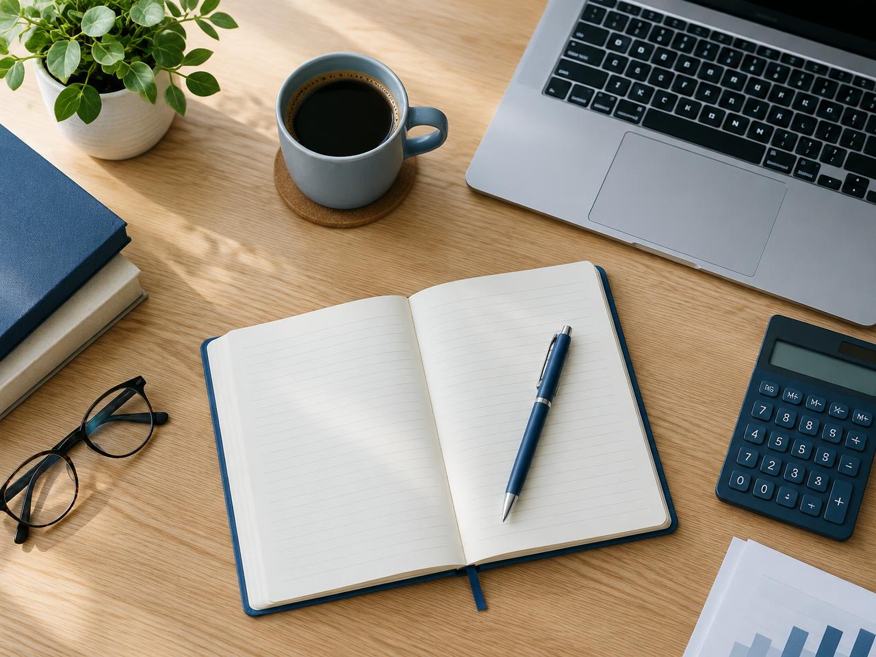 Notebook, laptop and calculator on a desk ready for financial planning
