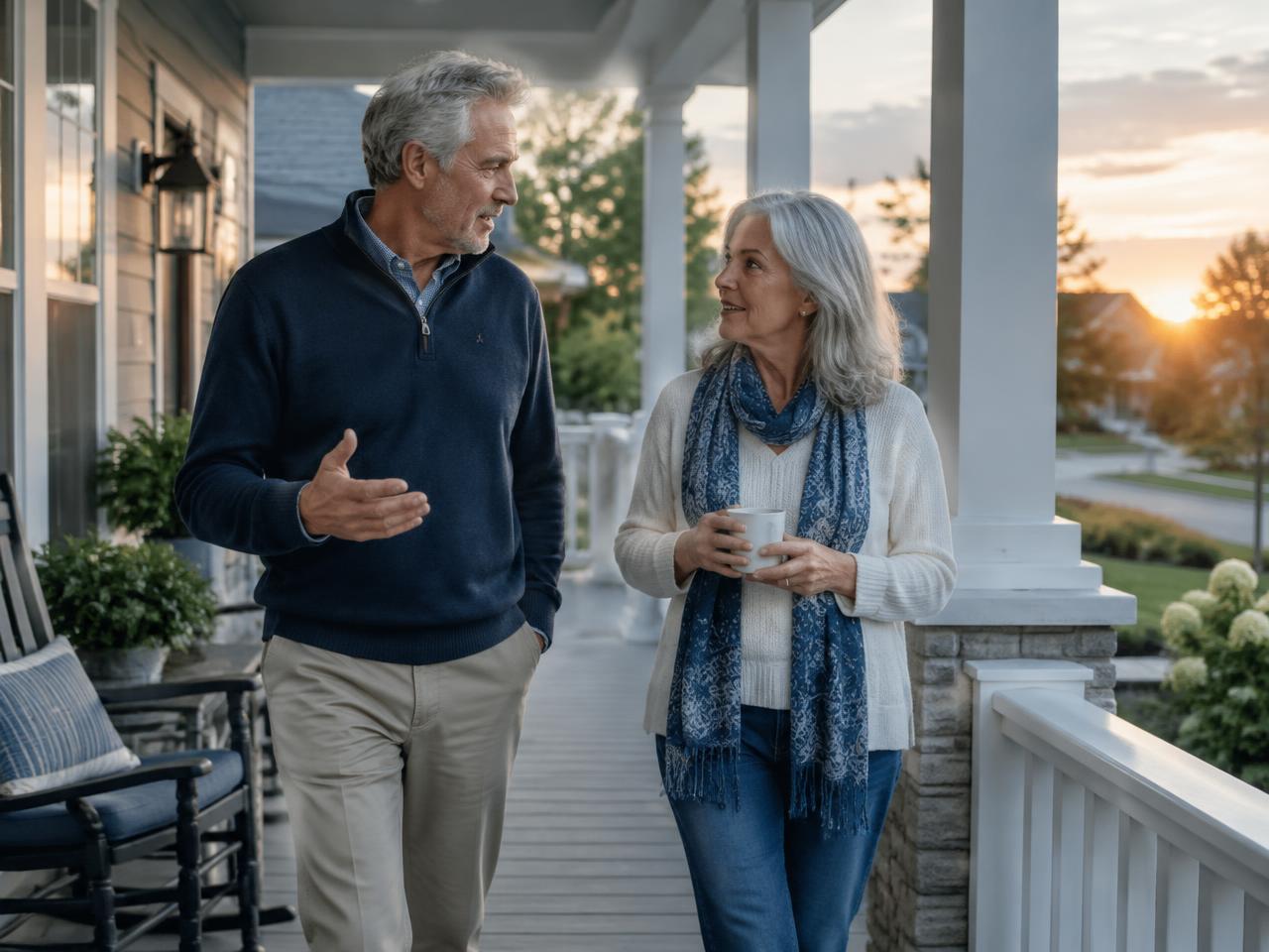 Retired couple talking on their front porch at sunset